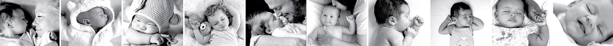Second strip of black-and-white photos of babies and parents