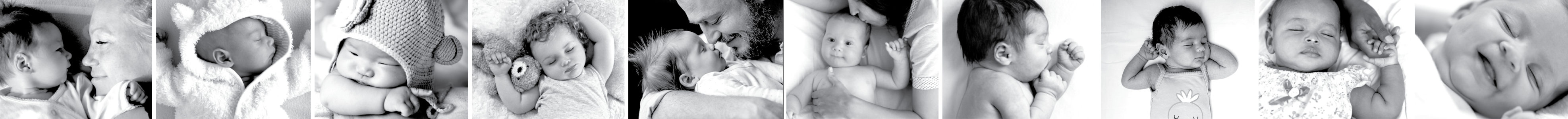 Second strip of black-and-white photos of babies and parents