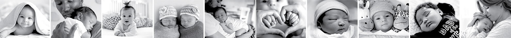 Horizontal strip of black-and-white photos of babies and parents