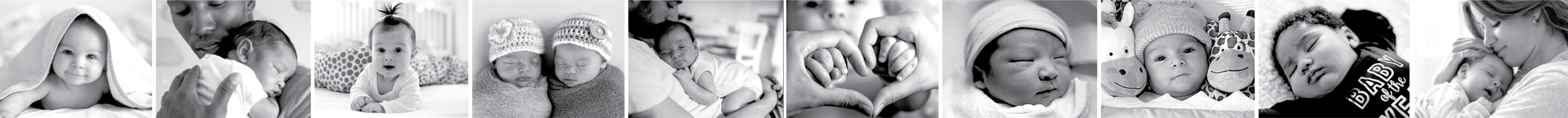 Horizontal strip of black-and-white photos of babies and parents