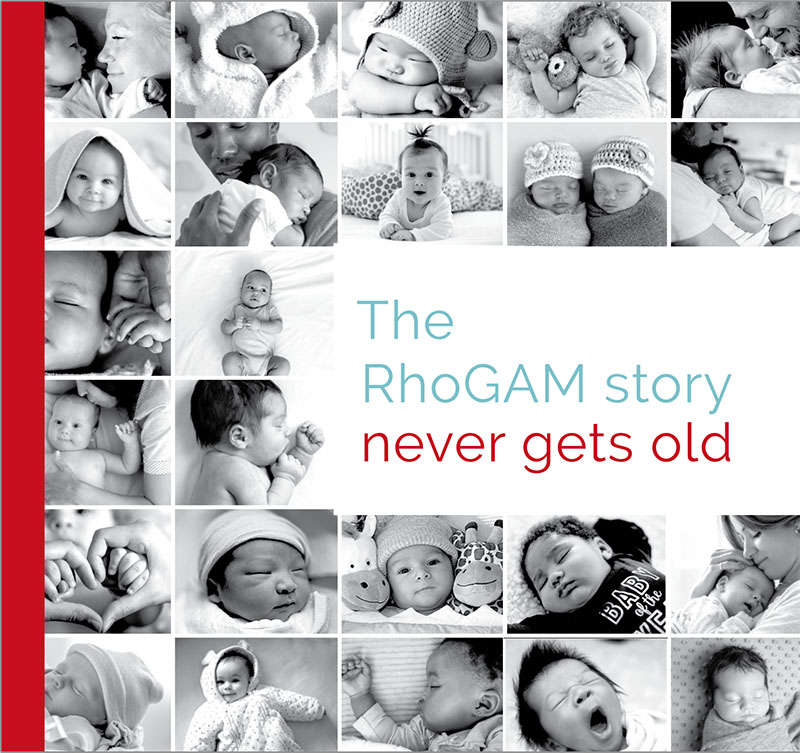 RhoGAM flipbook cover featuring prefilled syringe safety callouts