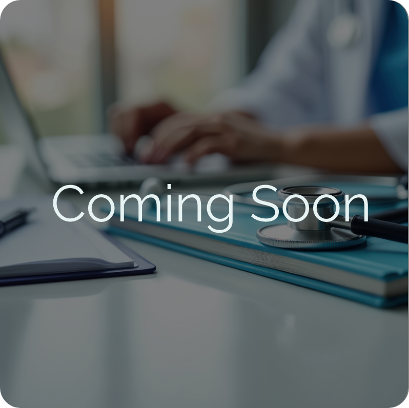 Coming Soon overlay on clinician typing at laptop with stethoscope