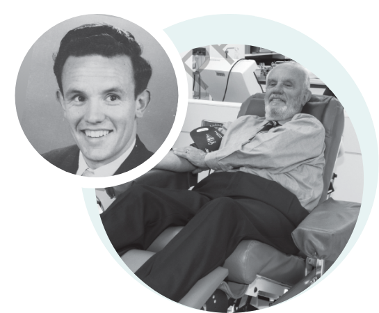 Photo collage of RhIG plasma donor as young man and as adult donating