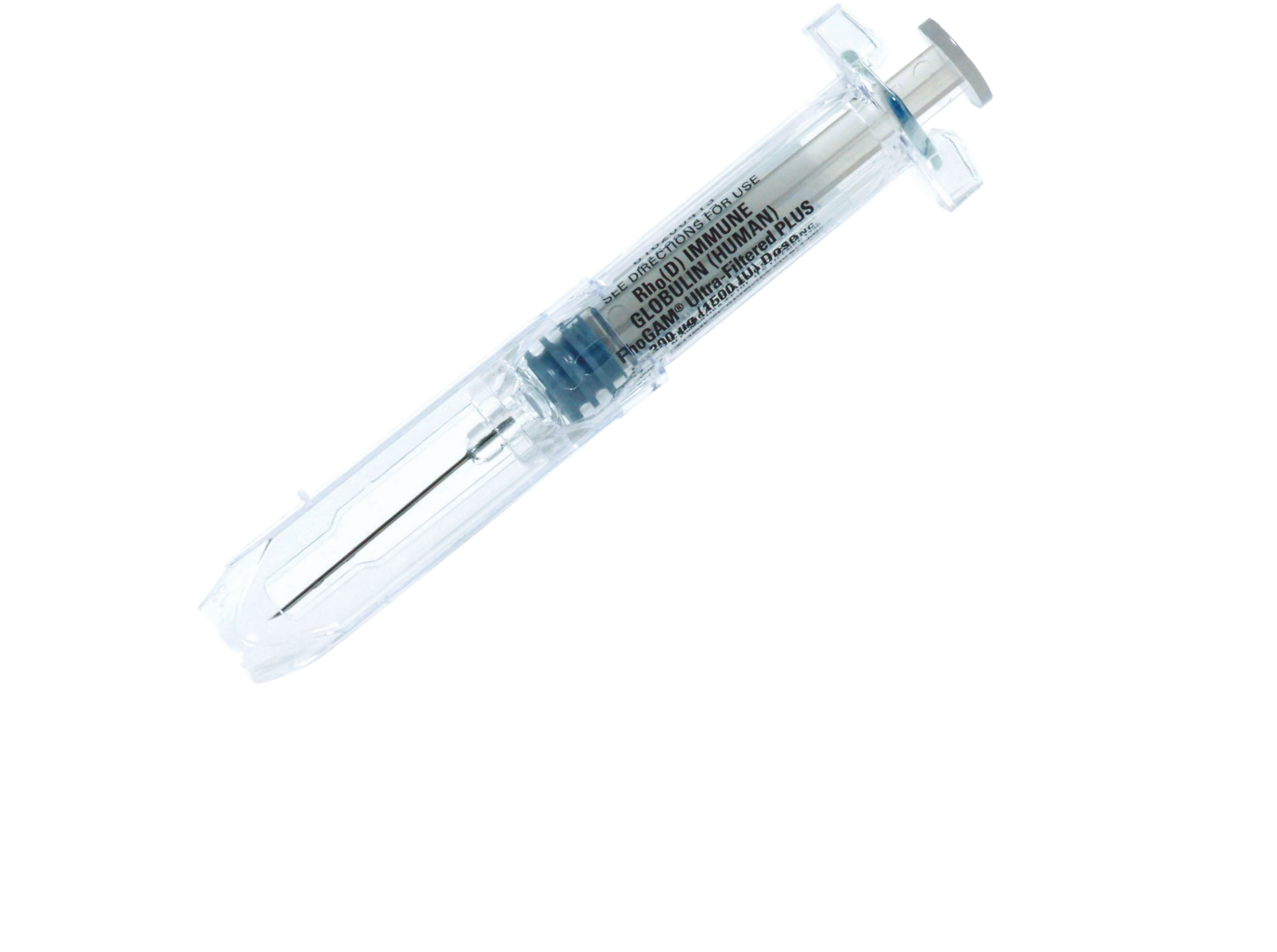 RhoGAM prefilled syringe with safety shield and dosing details