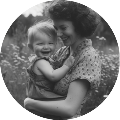 Mother holding toddler in a wildflower meadow, vintage style